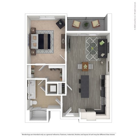 Floor plan for 1 bed, 1 bath, 670 sqft